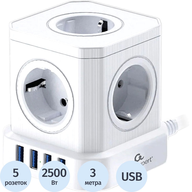 Изображение товара Сетевой фильтр Cablexpert Tower на 5 розеток и 4 USB 3 метра белый TWR-5-U4-W-3