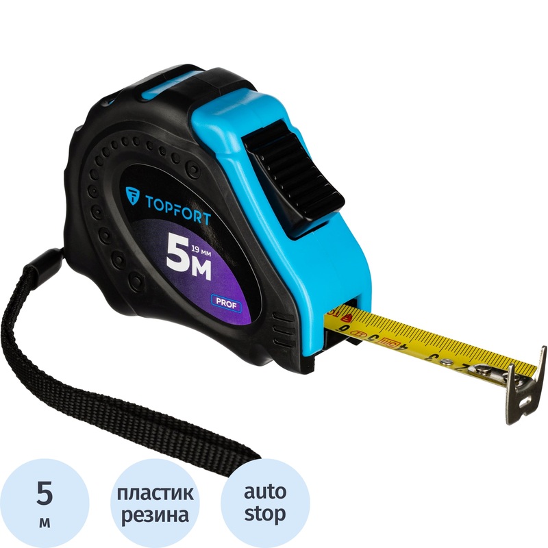 Изображение товара Строительная рулетка TOPFORT Prof 5 м х 19 мм с автостопом прорезиненный корпус