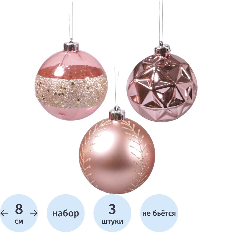 Изображение товара Набор ёлочных шаров Magic Time пластиковых розовых диаметр 8 см 3 шт