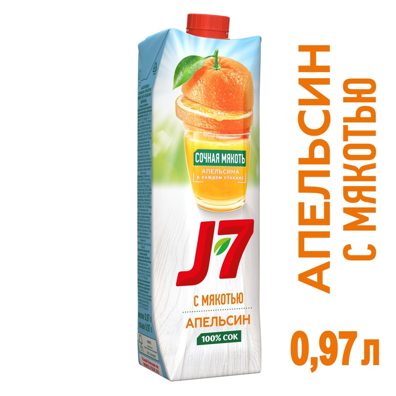 Изображение товара Сок апельсиновый J7 с мякотью 0.97 л натуральный без сахара Россия