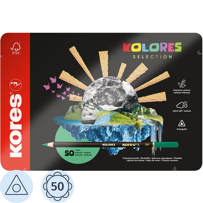 Изображение товара Карандаши цветные Kores Kolores Selection 50 карандашей 50 цветов трёхгранные (металлические, неоновые)
