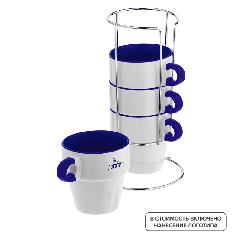 Изображение товара Набор кружек Inset 220 мл белый/синий с индивидуальной одноцветной печатью (32 штуки в упаковке)
