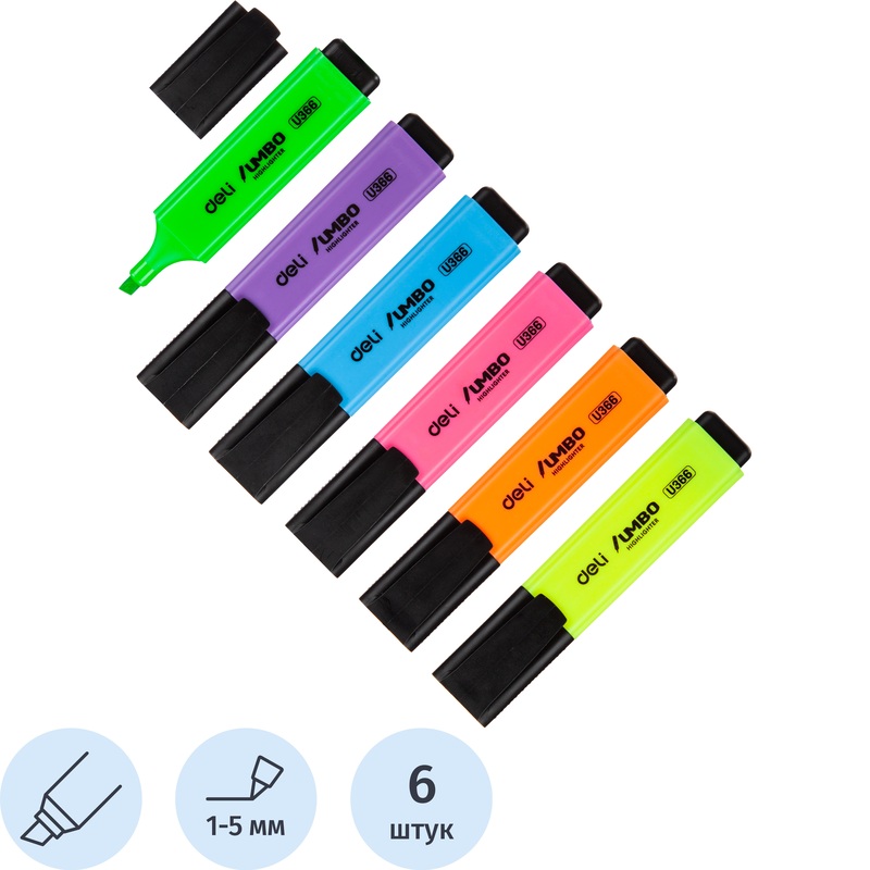 Изображение товара Набор текстовыделителей Deli Jumbo 6 цветов водная основа скошенный наконечник