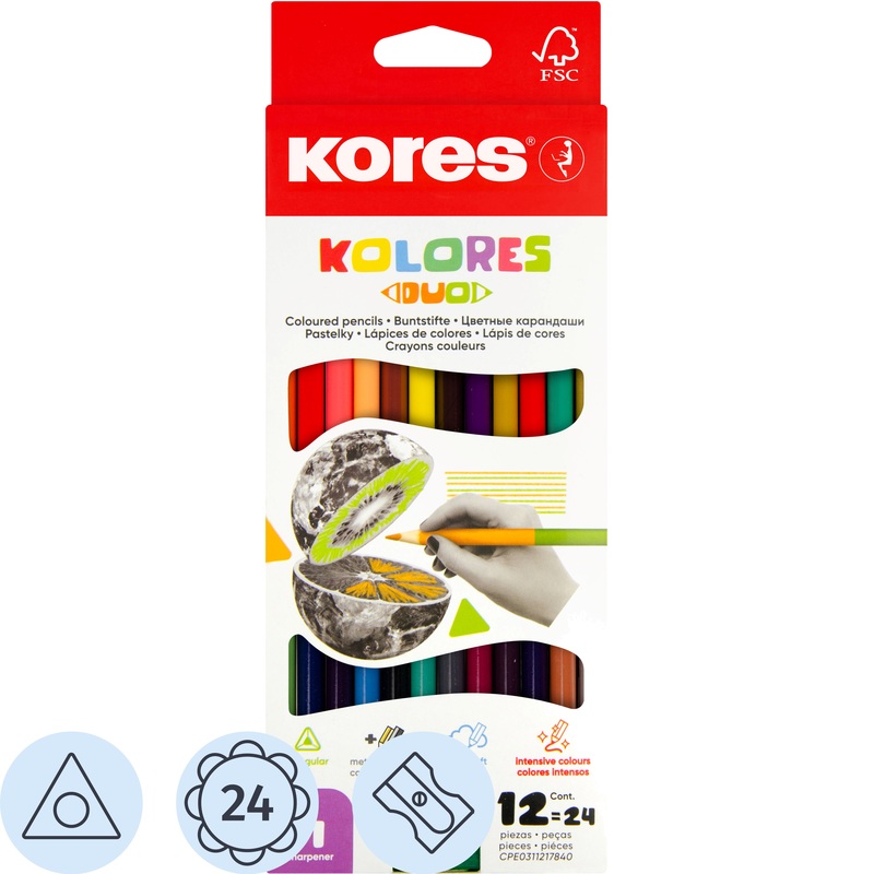 Изображение товара Карандаши цветные Kores Duo 12 карандашей 24 цвета трёхгранные (двусторонние)