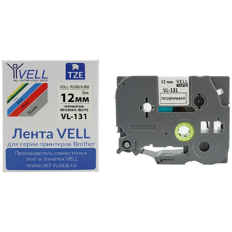Изображение товара Картридж Vell VL-131 для принтера этикеток 8 м 12 мм черный на прозрачной ленте
