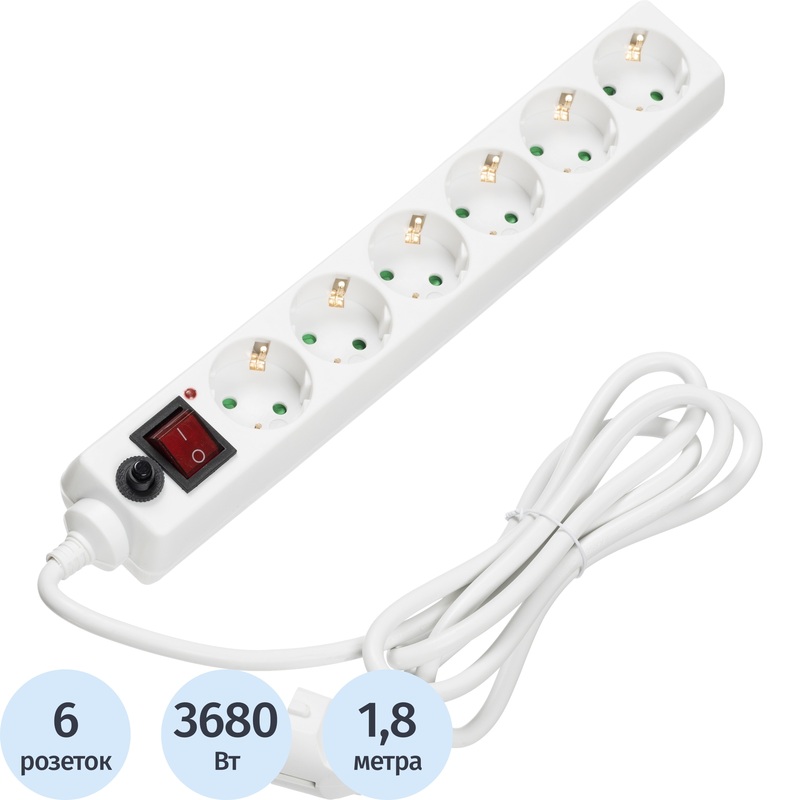 Изображение товара Сетевой фильтр BigTech CD6-1.8W15 на 6 розеток 1.8 м с защитой