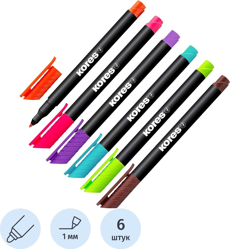 Изображение товара Набор перманентных маркеров Kores 6 цветов круглое наконечник водостойкие