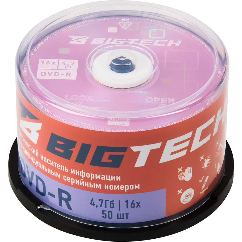 Изображение товара Диск DVD-R 4.7 ГБ 16x BigTech cake box 50 штук