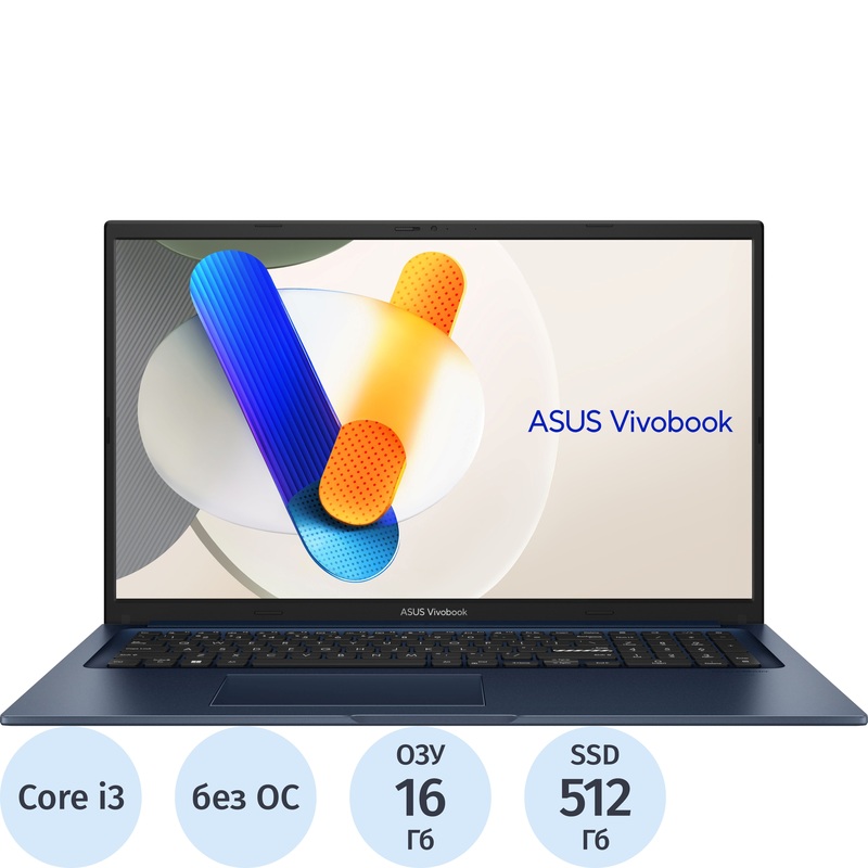 Изображение товара Ноутбук Asus Vivobook 17 X1704VA-AU778 17.3" синий Intel Core i3 1315U/16 ГБ/SSD 512 ГБ (90NB10V2-M00VM0)