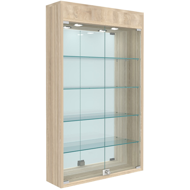 Изображение товара Витрина для товаров Westcom №2-4А настенная с фризом и зеркалом (дуб сонома/прозрачный, 600х150х970 мм)