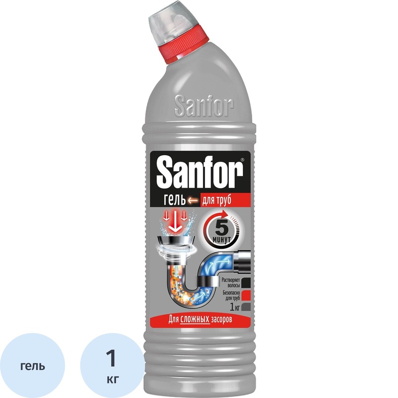 Изображение товара Средство для прочистки труб Sanfor гель 1000 г эффективное удаление засоров и запахов