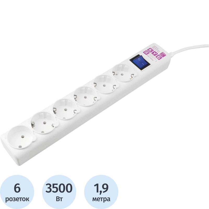 Изображение товара Сетевой фильтр Power Cube на 6 розеток 1.9 м белый надежная защита