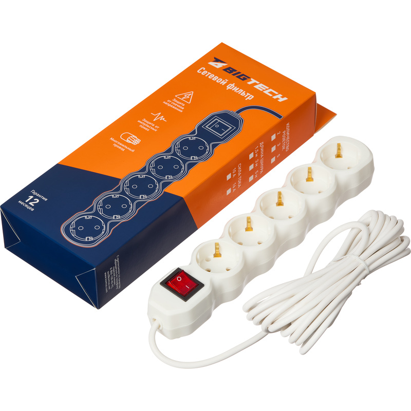 Изображение товара Сетевой фильтр BigTech ST510-5-W на 5 розеток 5 метров защита от перегрузки