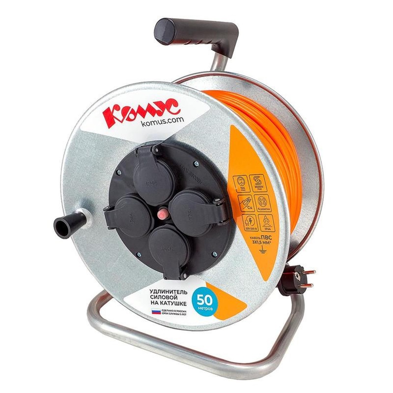 Изображение товара Удлинитель на катушке Комус ПВС 3x1.5 кв.мм 50 м 16 А с заземлением