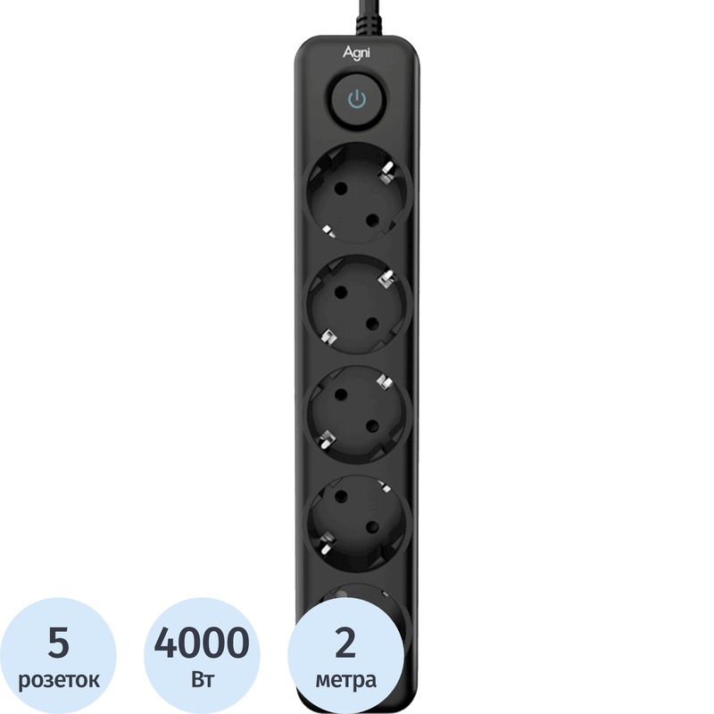 Изображение товара Сетевой фильтр AGNI TP-FD5E-2m-black на 5 розеток и 2 метра кабеля