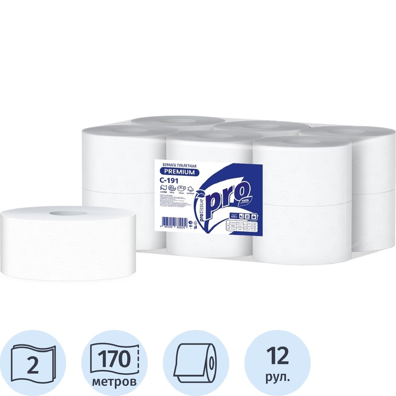 Изображение товара Туалетная бумага PROtissue T2 2-слойная белая 12 рулонов по 170 метров