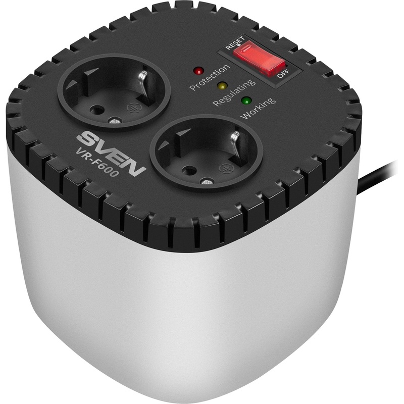 Изображение товара Стабилизатор Sven VR-F600 с двумя выходами, 600 ВА, 170-285 В, белый/чёрный