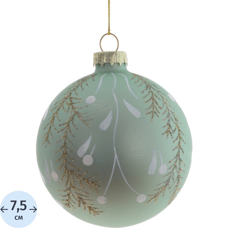 Изображение товара Новогодний стеклянный ёлочный шар зелёный 7.5 см с глиттером и росписью
