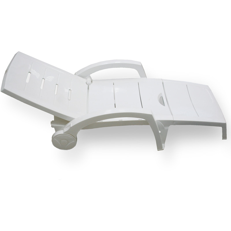 Изображение товара Складной шезлонг на колесах белый, регулируемый, с ящиком и мини-столиком