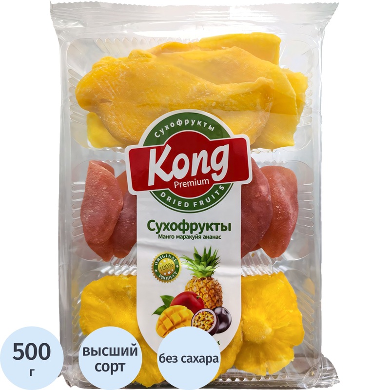 Изображение товара Смесь сухофруктов KONG 500 г без сахара слайсы манго маракуйя ананас