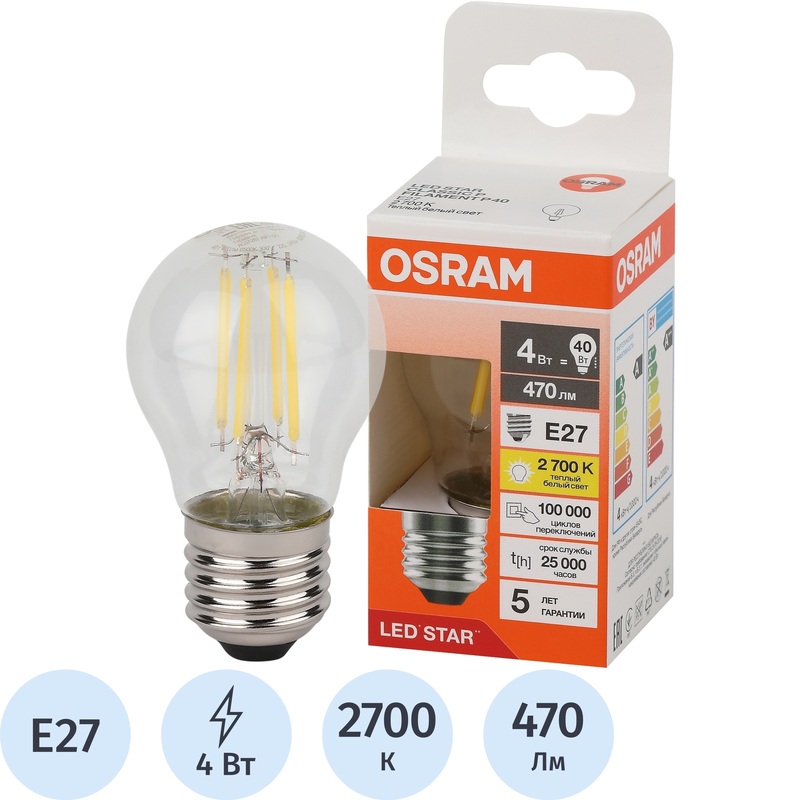Изображение товара Лампа светодиодная филаментная Osram 4 Вт E27 P 2700 К 470 Лм (4058075684607)