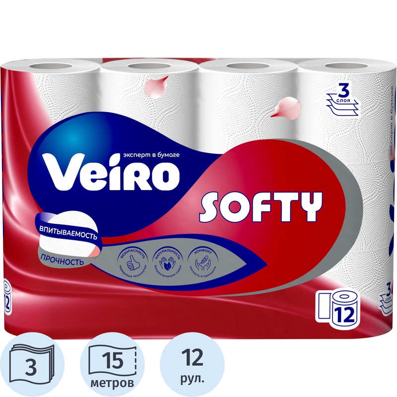 Изображение товара Бумага туалетная Veiro Softy 3-слойная белая (12 рулонов в упаковке) Изображение товара Бумага туалетная Veiro Softy 3-слойная белая (12 рулонов в упаковке)