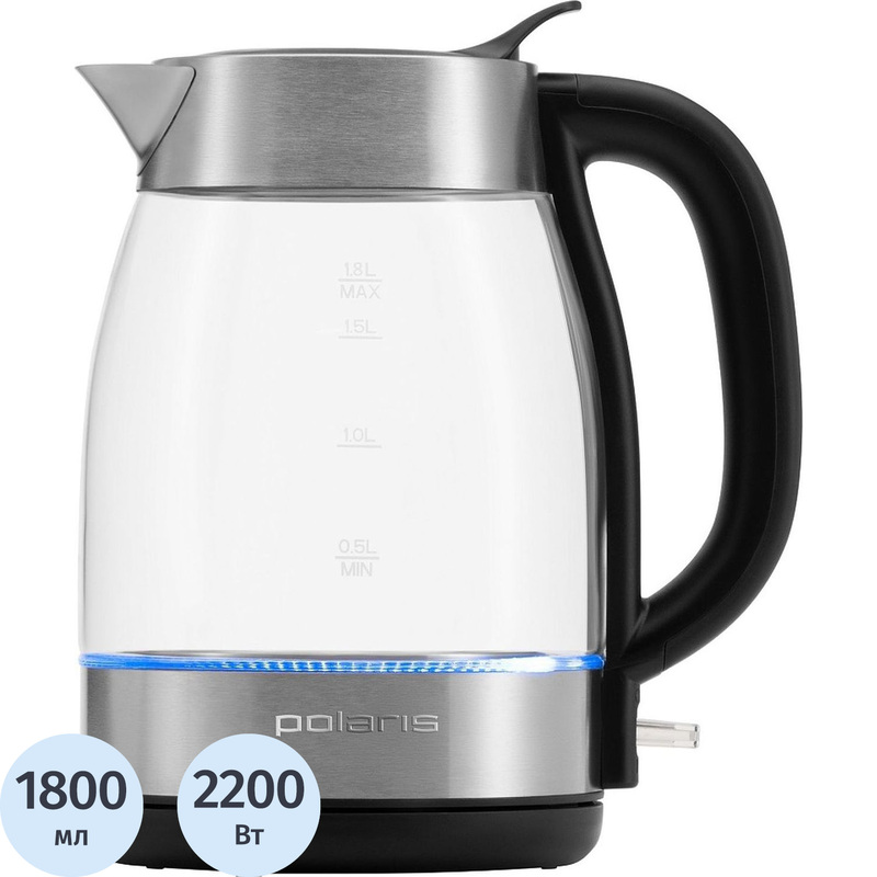 Изображение товара Электрический чайник Polaris PWK 1817CGL Water Way Pro стеклянный серебристый 1.8 л 2200 Вт