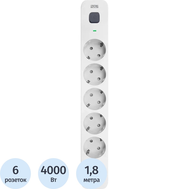 Изображение товара Сетевой фильтр Powercom SP-06W на 6 розеток 1.8 метра