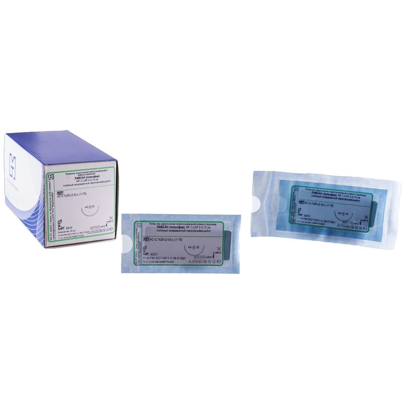 Изображение товара Шовный материал Лавсан 2/0 75 см колющая игла 25 мм 2/0 (3) (20 штук в упаковке)