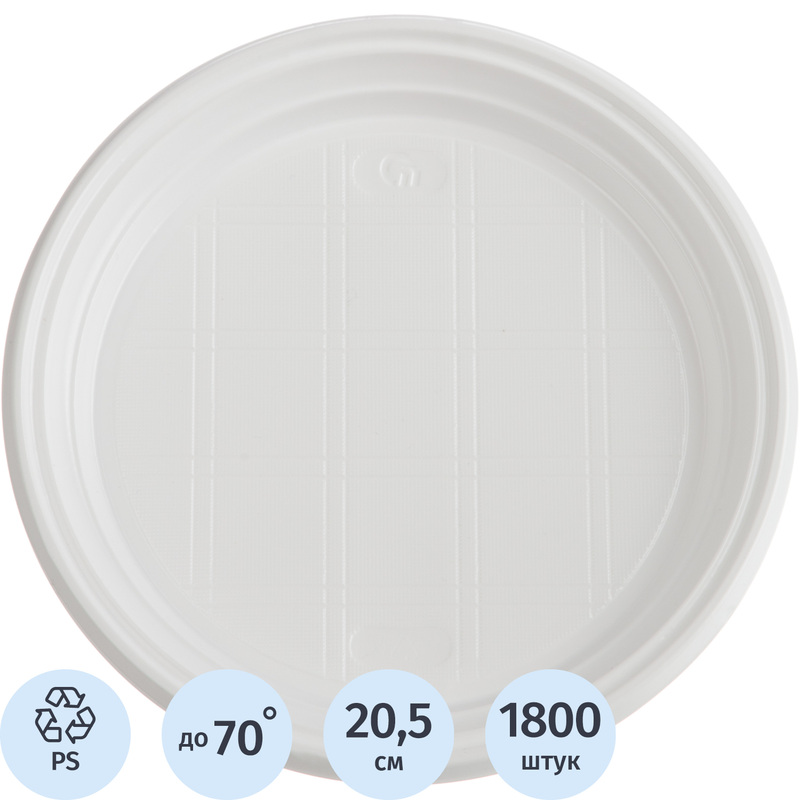 Изображение товара Тарелка одноразовая пластиковая Стиролпласт Эконом 205 мм белая 1800 штук в упаковке