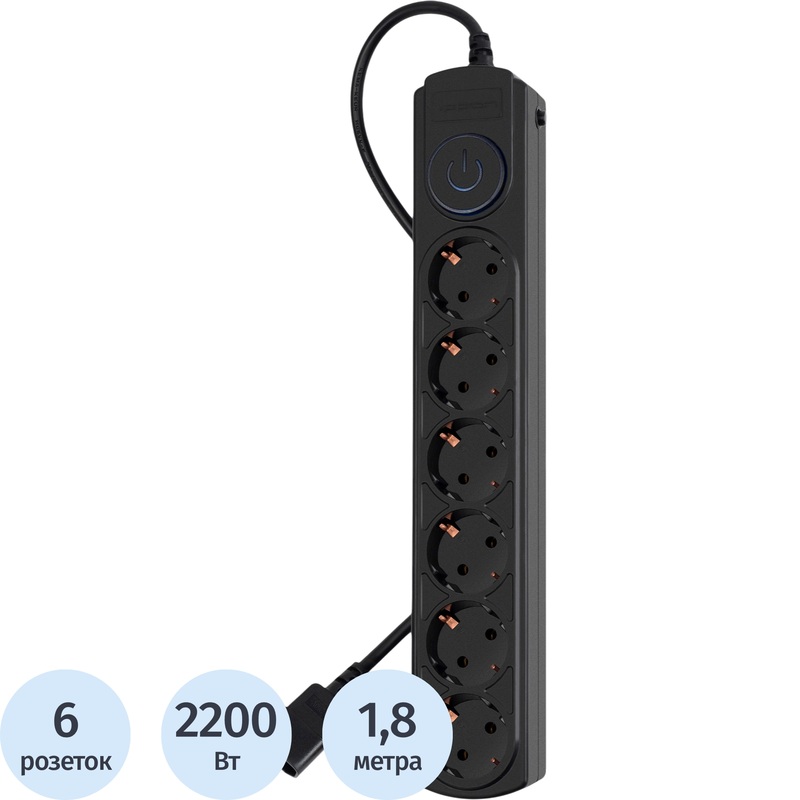 Изображение товара Сетевой фильтр Ippon BK-6-UPS-1.8-10-B 6 розеток защита от перегрузки