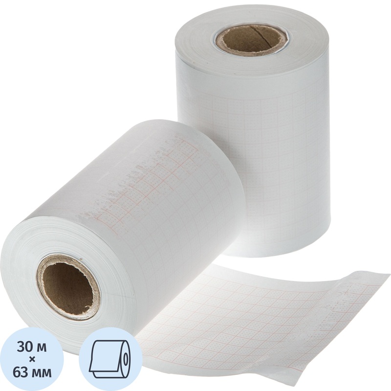 Изображение товара Бумага для ЭКГ в рулоне 30 м x 63 мм x 18 мм (8 рулонов в упаковке)