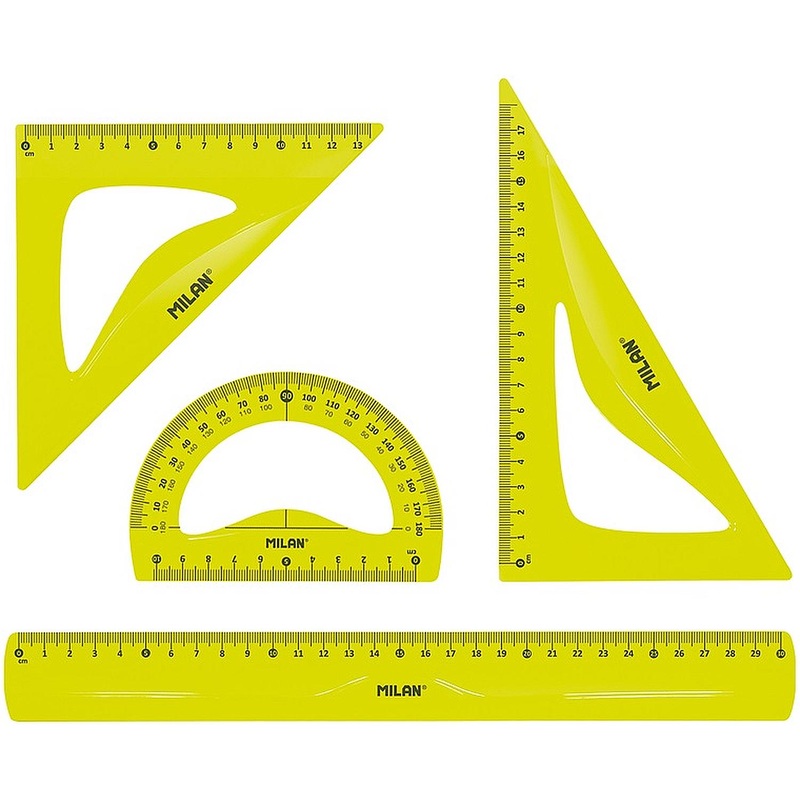 Изображение товара Набор чертёжный Milan жёлтый гибкий (линейка, транспортир, 2 треугольника)