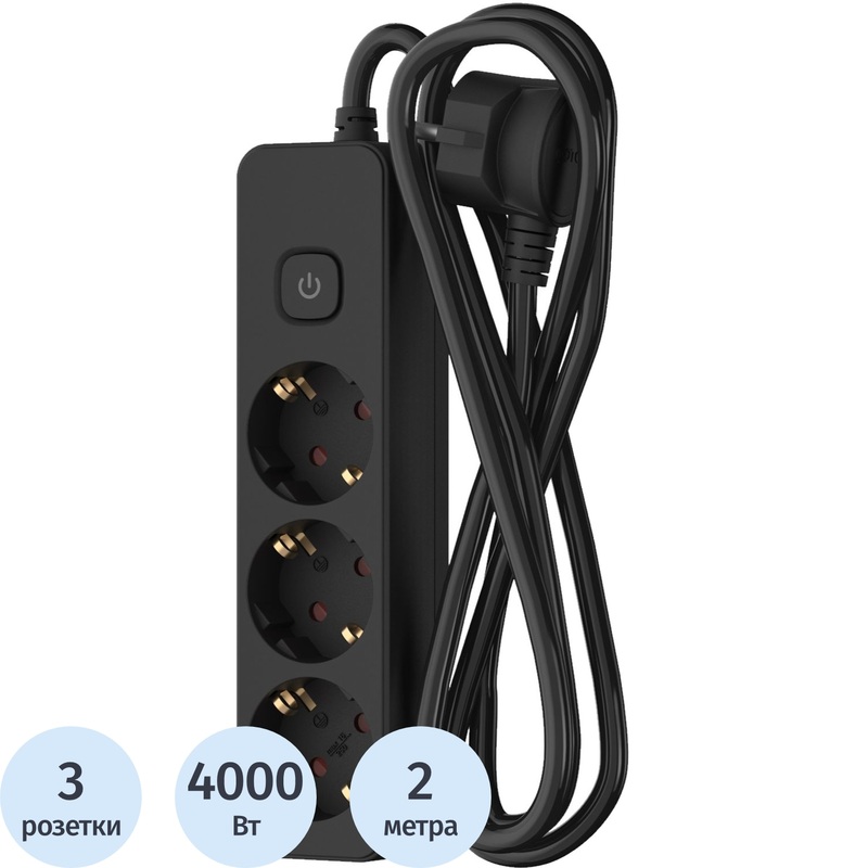 Изображение товара Удлинитель Фотон 16-23ЕS 3 розетки 2 м с заземлением и выключателем черный