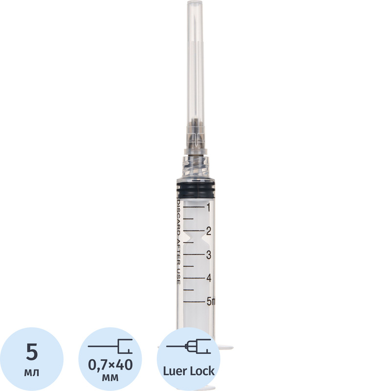 Изображение товара Шприц трёхкомпонентный Джинлонг 5 мл 22G 0.7x40 мм (100 штук в упаковке)
