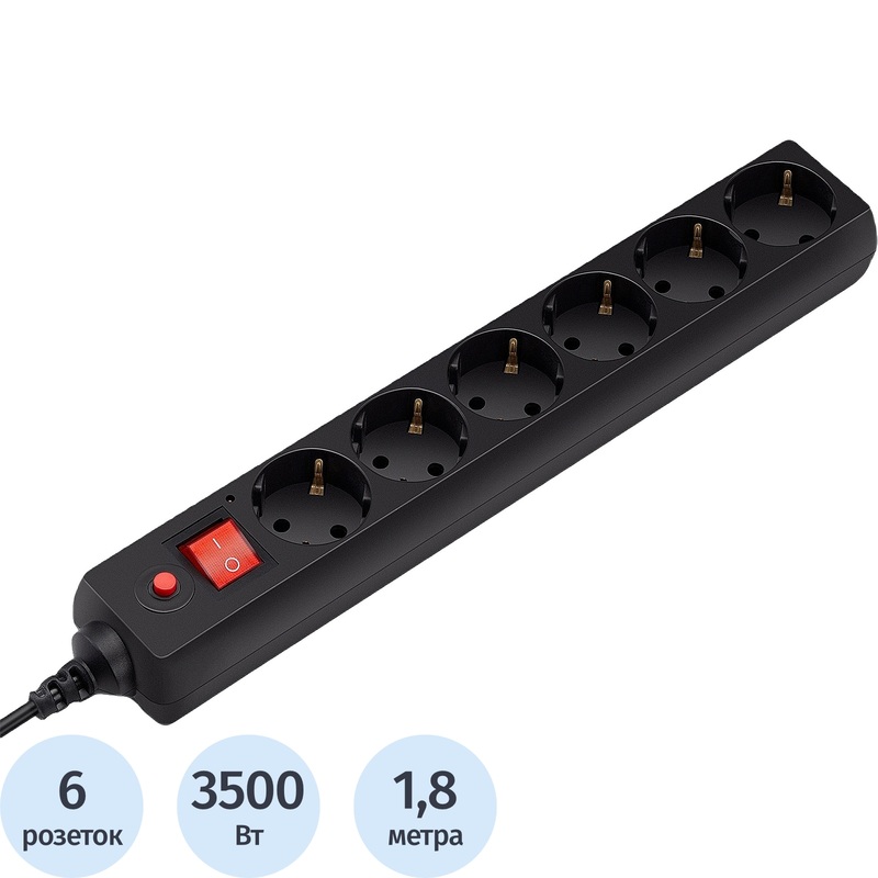 Изображение товара Сетевой фильтр Buro 600SH-16-1.8-B на 6 розеток 1,8 м черный