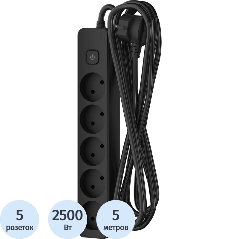 Изображение товара Удлинитель Фотон 10-55S 5 розеток 5 метров с выключателем черный