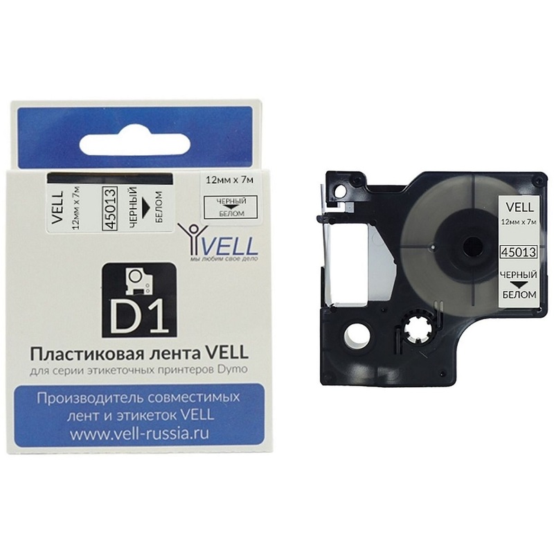 Изображение товара Картридж Vell VL-D-S0720530/45013 для принтеров этикеток Dymo 12 мм 7 м белый с черным шрифтом
