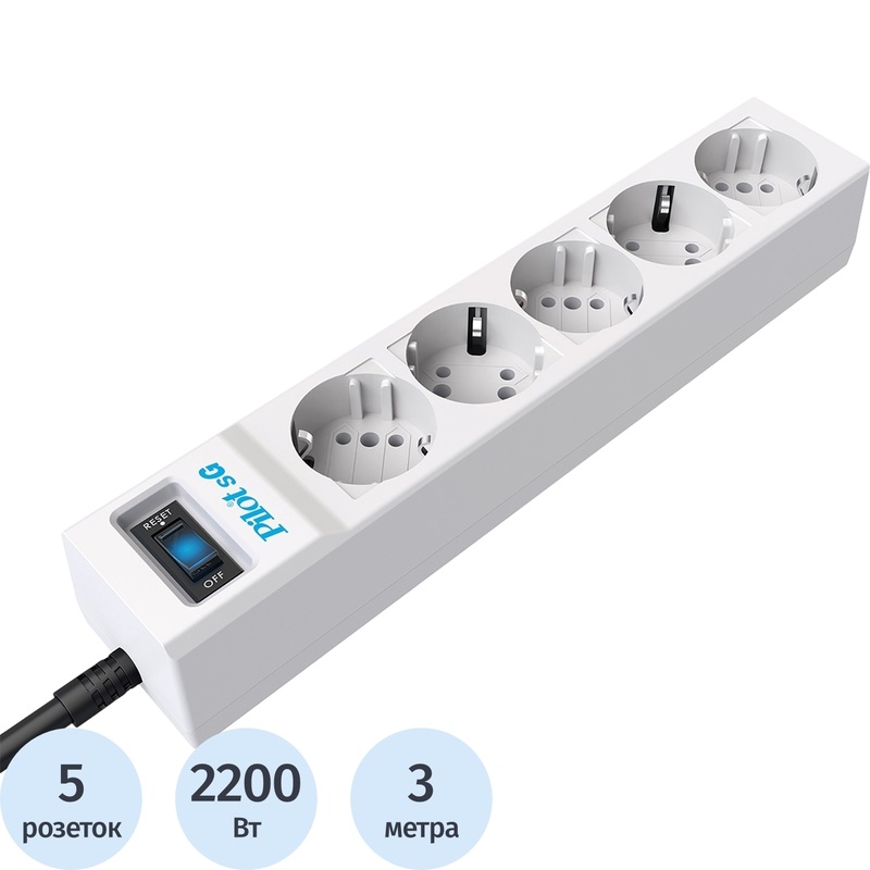 Изображение товара Сетевой фильтр ZIS Pilot sG 5 розеток 3 метра с защитой