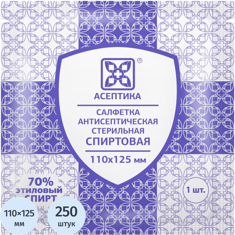 Изображение товара Салфетка антисептическая для инъекций Асептика спиртовая 110x125 мм (250 штук в упаковке)