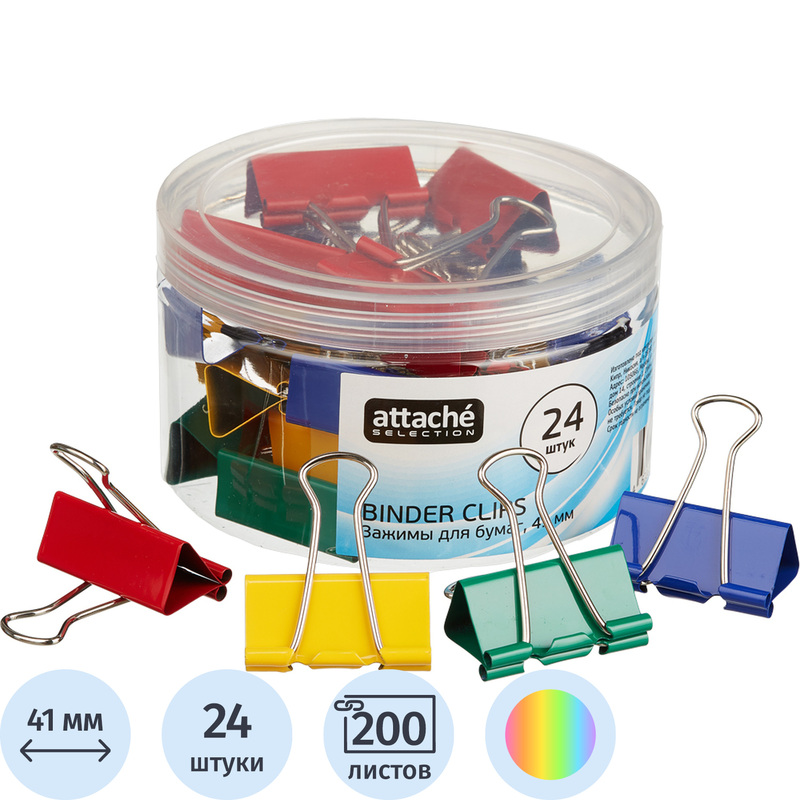 Изображение товара Зажимы для бумаг Attache Selection 41 мм цветные 24 штуки
