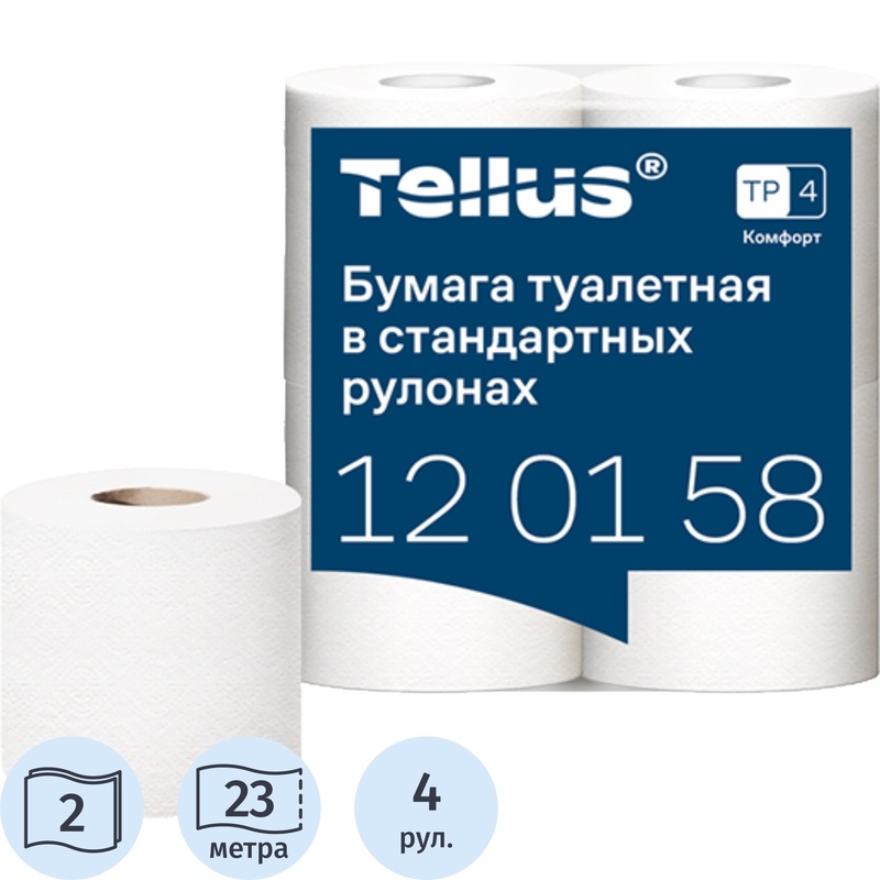 Изображение товара Бумага туалетная Tellus Комфорт T4 2-слойная белая (4 рулона в упаковке, 120158)