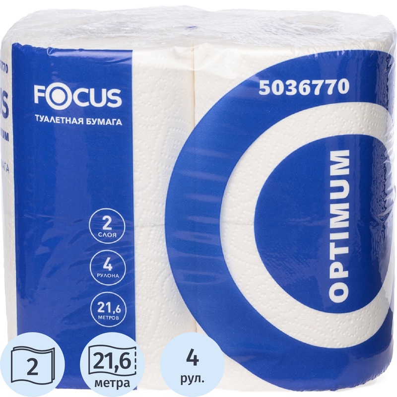 Изображение товара Бумага туалетная Focus Optimum 2-слойная белая (4 рулона в упаковке) Изображение товара Бумага туалетная Focus Optimum 2-слойная белая (4 рулона в упаковке)