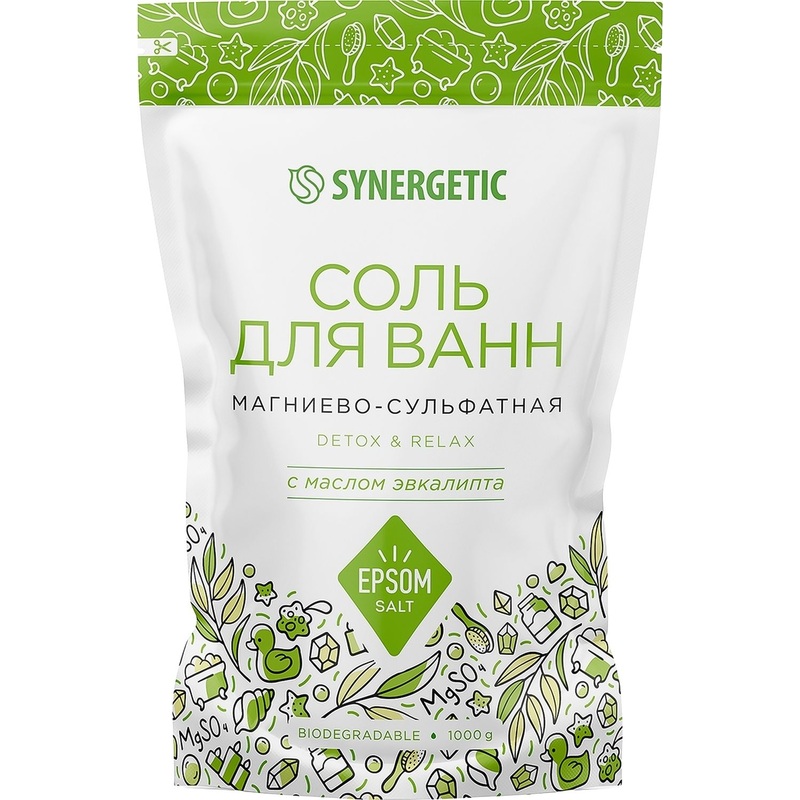 Изображение товара Магниево-сульфатная соль для ванн Synergetic Detox & relax 1000 г натуральное средство для расслабл