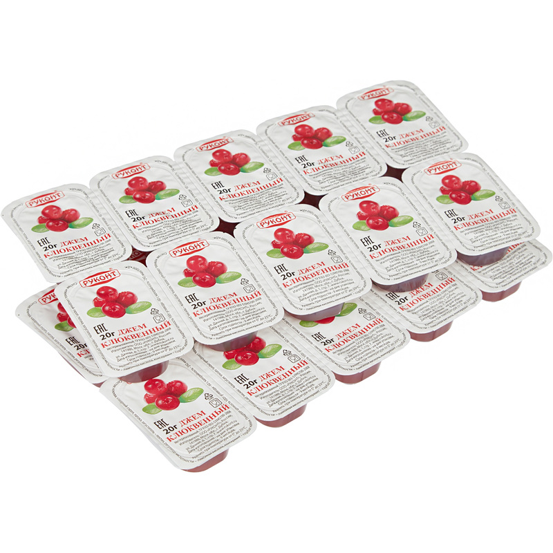 Изображение товара Джем порционный Руконт клюква 20 г - натуральный и удобно упаковка для десертов и перекусов