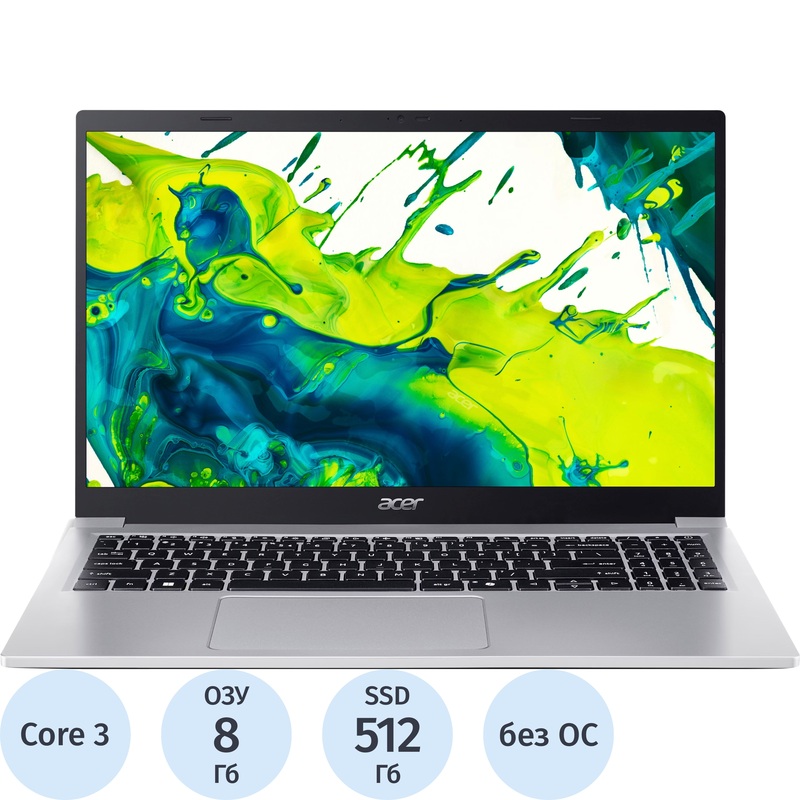 Изображение товара Ноутбук Acer Aspire Lite AL15-33P-3809 15.6" серебристый Intel Core 3 N355/8 ГБ/SSD 512 ГБ (NX.D2MEM.001)