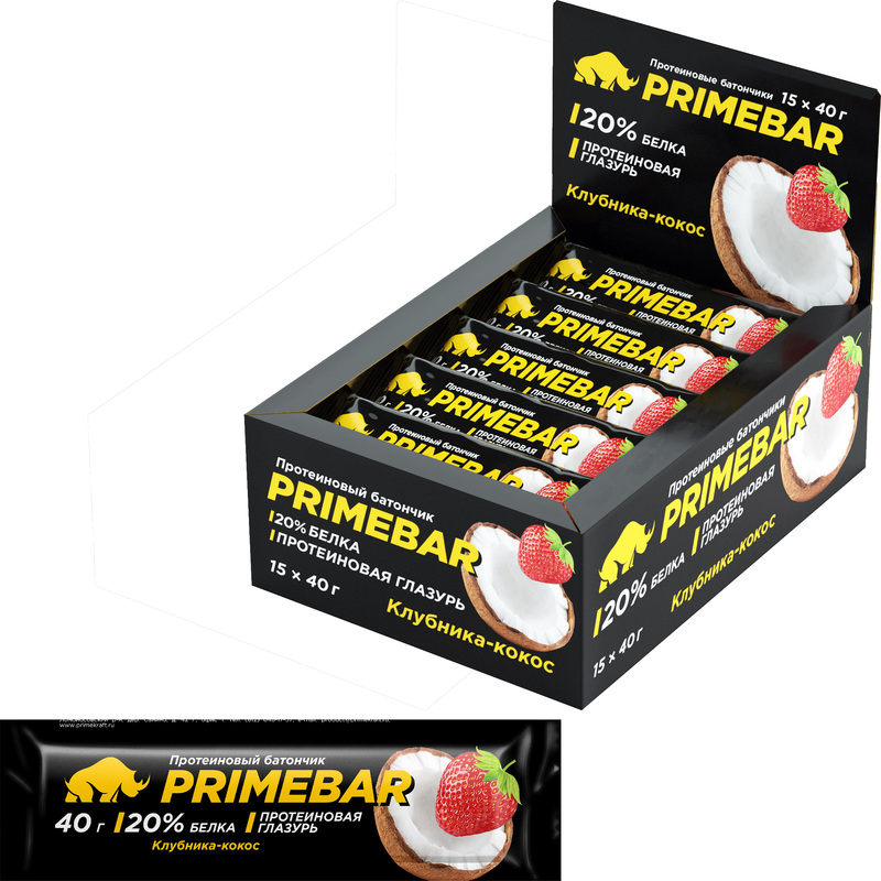 Изображение товара Протеиновый батончик Primebar клубника и кокос 600 г с натуральными добавками