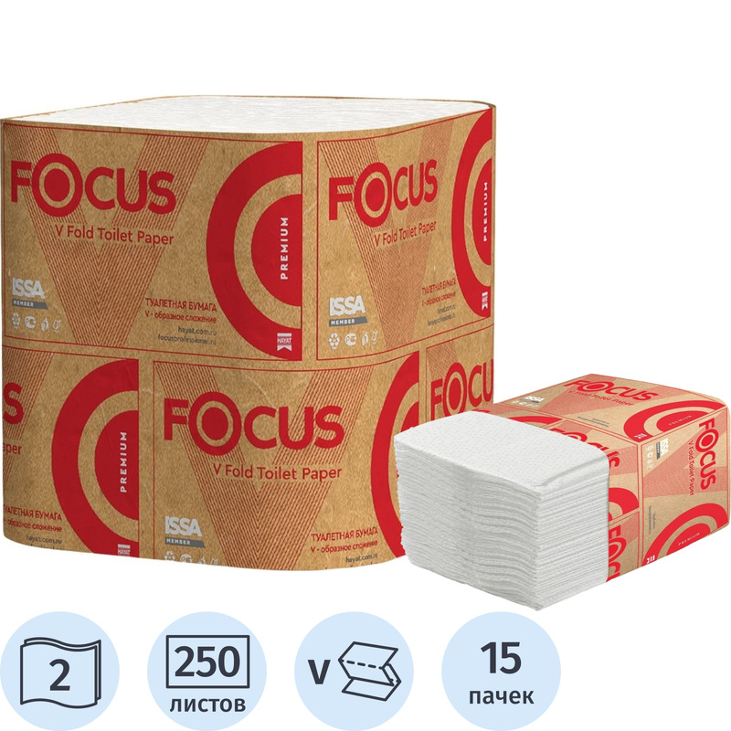 Изображение товара Бумага туалетная листовая Focus Premium T3 2-слойная белая 15 пачек по 250 листов