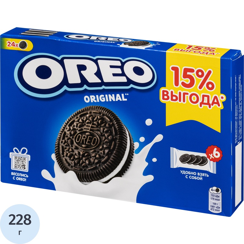 Изображение товара Печенье песочное Oreo с какао и начинкой с ванильным вкусом 228 г