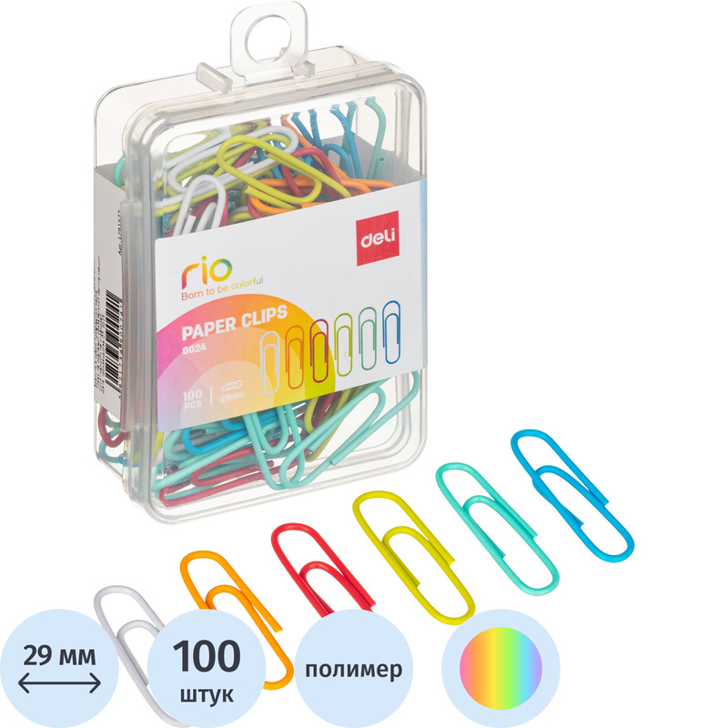 Изображение товара Канцелярские скрепки Deli E0024 29 мм разноцветные упаковка 100 штук